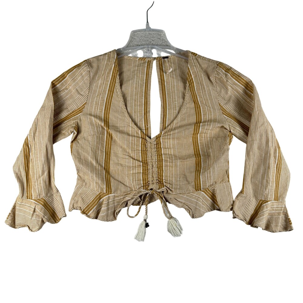 Free People Top Womens XS Striped V Neck Bell Sleeve Tassel Hem Boho Cropped